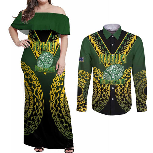 Custom Avaiki Cook Islands Rugby Couples Matching Off Shoulder Maxi Dress and Long Sleeve Button Shirt Kuki Airani Tatau Black - Aussie Hoodie