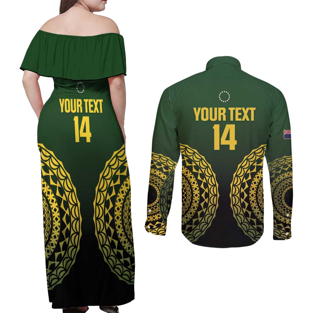 Custom Avaiki Cook Islands Rugby Couples Matching Off Shoulder Maxi Dress and Long Sleeve Button Shirt Kuki Airani Tatau Black - Aussie Hoodie