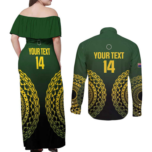 Custom Avaiki Cook Islands Rugby Couples Matching Off Shoulder Maxi Dress and Long Sleeve Button Shirt Kuki Airani Tatau Black - Aussie Hoodie
