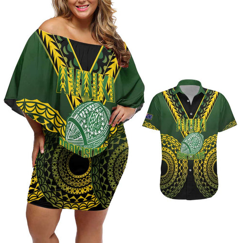 Custom Avaiki Cook Islands Rugby Couples Matching Off Shoulder Short Dress and Hawaiian Shirt Kuki Airani Tatau Black - Aussie Hoodie