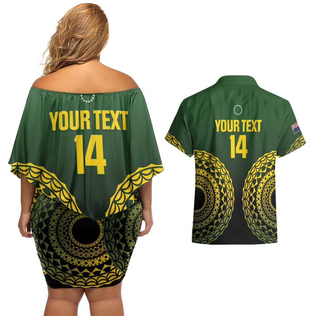 Custom Avaiki Cook Islands Rugby Couples Matching Off Shoulder Short Dress and Hawaiian Shirt Kuki Airani Tatau Black - Aussie Hoodie