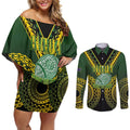 Custom Avaiki Cook Islands Rugby Couples Matching Off Shoulder Short Dress and Long Sleeve Button Shirt Kuki Airani Tatau Black - Aussie Hoodie