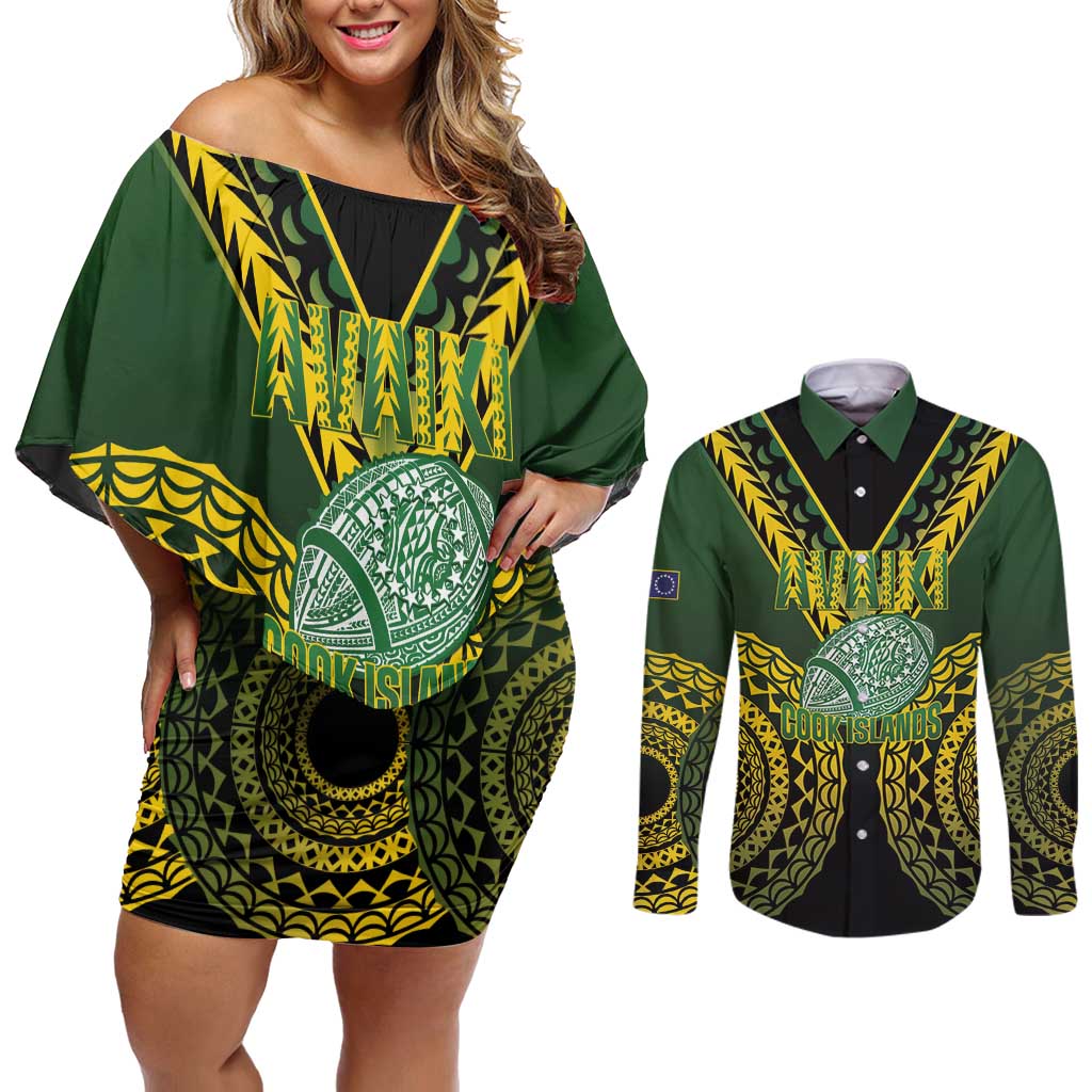Custom Avaiki Cook Islands Rugby Couples Matching Off Shoulder Short Dress and Long Sleeve Button Shirt Kuki Airani Tatau Black - Aussie Hoodie