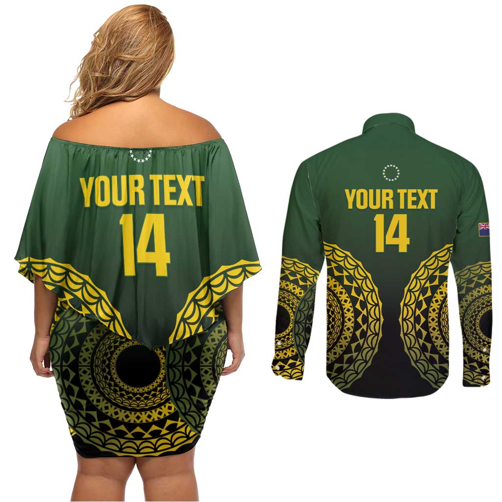 Custom Avaiki Cook Islands Rugby Couples Matching Off Shoulder Short Dress and Long Sleeve Button Shirt Kuki Airani Tatau Black - Aussie Hoodie