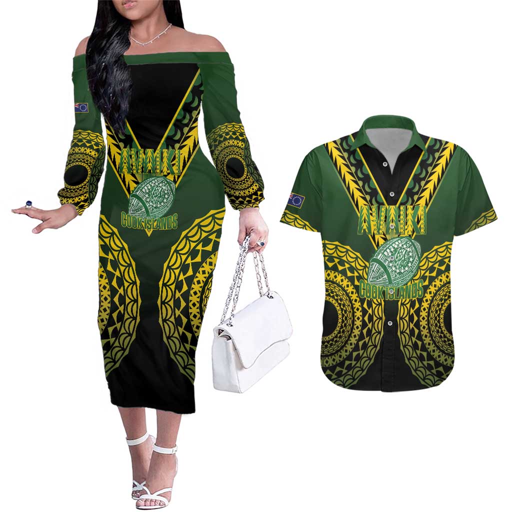 Custom Avaiki Cook Islands Rugby Couples Matching Off The Shoulder Long Sleeve Dress and Hawaiian Shirt Kuki Airani Tatau Black - Aussie Hoodie