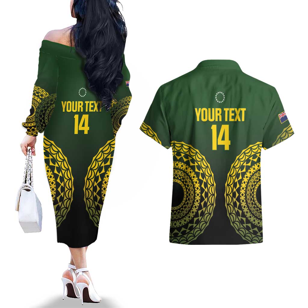 Custom Avaiki Cook Islands Rugby Couples Matching Off The Shoulder Long Sleeve Dress and Hawaiian Shirt Kuki Airani Tatau Black - Aussie Hoodie