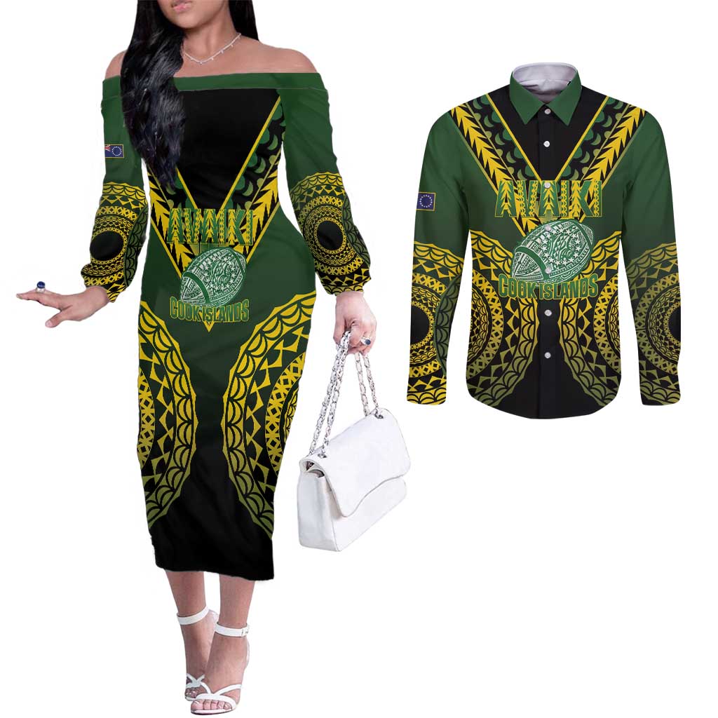 Custom Avaiki Cook Islands Rugby Couples Matching Off The Shoulder Long Sleeve Dress and Long Sleeve Button Shirt Kuki Airani Tatau Black - Aussie Hoodie