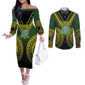 Custom Avaiki Cook Islands Rugby Couples Matching Off The Shoulder Long Sleeve Dress and Long Sleeve Button Shirt Kuki Airani Tatau Black - Aussie Hoodie