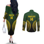 Custom Avaiki Cook Islands Rugby Couples Matching Off The Shoulder Long Sleeve Dress and Long Sleeve Button Shirt Kuki Airani Tatau Black - Aussie Hoodie