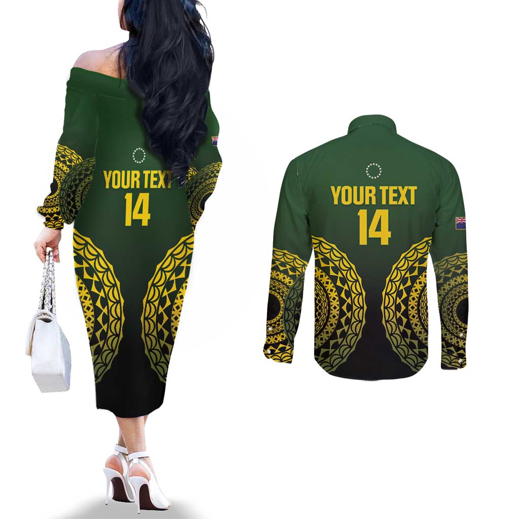 Custom Avaiki Cook Islands Rugby Couples Matching Off The Shoulder Long Sleeve Dress and Long Sleeve Button Shirt Kuki Airani Tatau Black - Aussie Hoodie