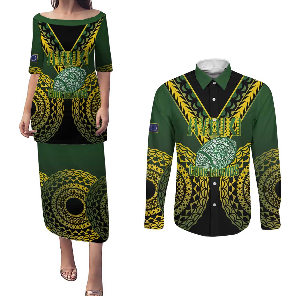 Custom Avaiki Cook Islands Rugby Couples Matching Puletasi and Long Sleeve Button Shirt Kuki Airani Tatau Black - Aussie Hoodie