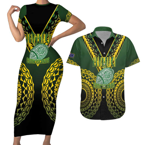 Custom Avaiki Cook Islands Rugby Couples Matching Short Sleeve Bodycon Dress and Hawaiian Shirt Kuki Airani Tatau Black - Aussie Hoodie