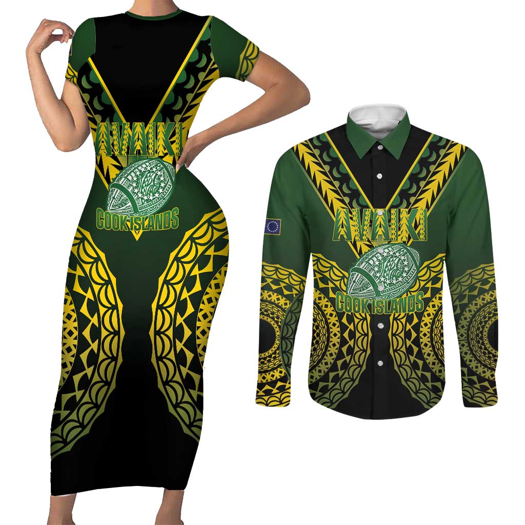 Custom Avaiki Cook Islands Rugby Couples Matching Short Sleeve Bodycon Dress and Long Sleeve Button Shirt Kuki Airani Tatau Black - Aussie Hoodie