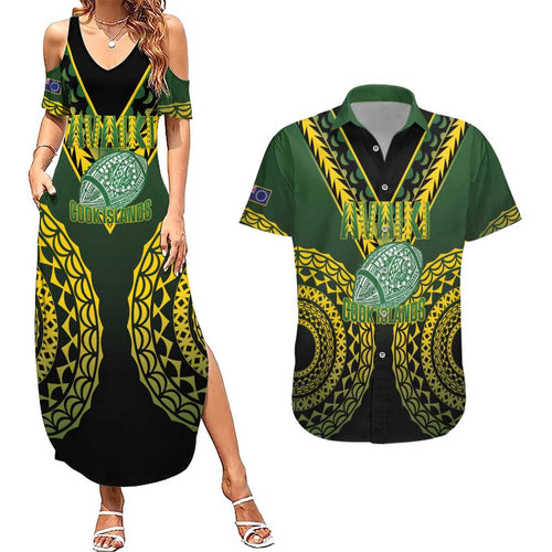 Custom Avaiki Cook Islands Rugby Couples Matching Summer Maxi Dress and Hawaiian Shirt Kuki Airani Tatau Black - Aussie Hoodie