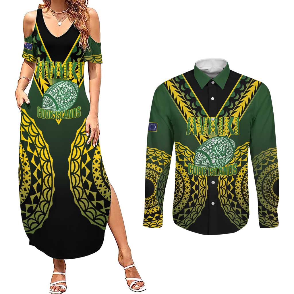 Custom Avaiki Cook Islands Rugby Couples Matching Summer Maxi Dress and Long Sleeve Button Shirt Kuki Airani Tatau Black - Aussie Hoodie