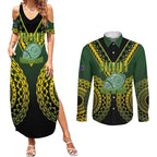 Custom Avaiki Cook Islands Rugby Couples Matching Summer Maxi Dress and Long Sleeve Button Shirt Kuki Airani Tatau Black - Aussie Hoodie