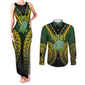Custom Avaiki Cook Islands Rugby Couples Matching Tank Maxi Dress and Long Sleeve Button Shirt Kuki Airani Tatau Black - Aussie Hoodie