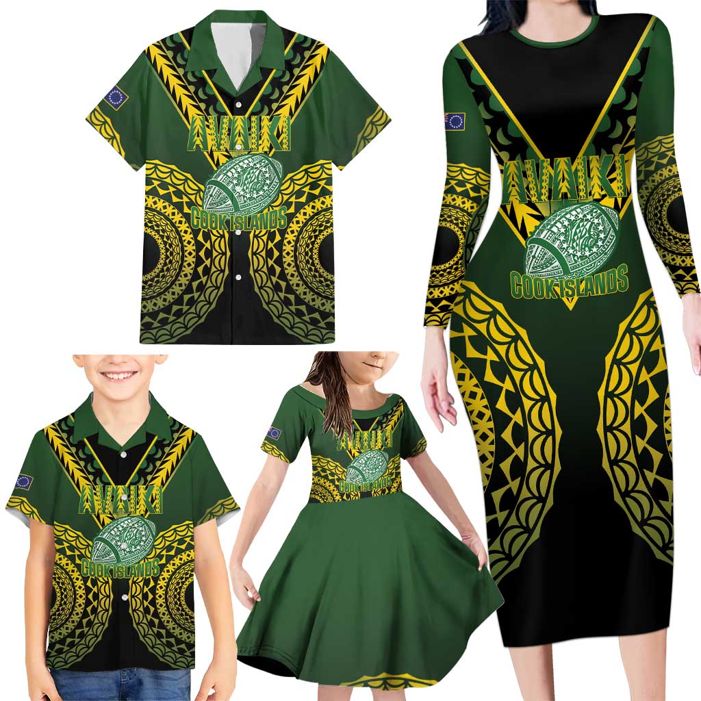 Custom Avaiki Cook Islands Rugby Family Matching Long Sleeve Bodycon Dress and Hawaiian Shirt Kuki Airani Tatau Black - Aussie Hoodie