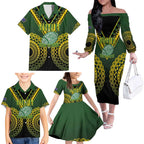 Custom Avaiki Cook Islands Rugby Family Matching Off The Shoulder Long Sleeve Dress and Hawaiian Shirt Kuki Airani Tatau Black - Aussie Hoodie