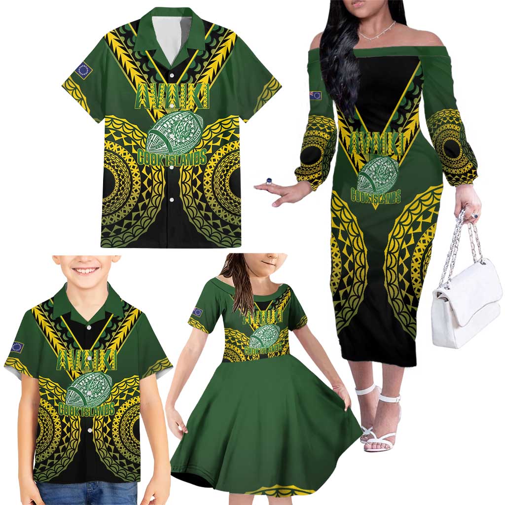Custom Avaiki Cook Islands Rugby Family Matching Off The Shoulder Long Sleeve Dress and Hawaiian Shirt Kuki Airani Tatau Black - Aussie Hoodie