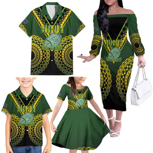 Custom Avaiki Cook Islands Rugby Family Matching Off The Shoulder Long Sleeve Dress and Hawaiian Shirt Kuki Airani Tatau Black - Aussie Hoodie
