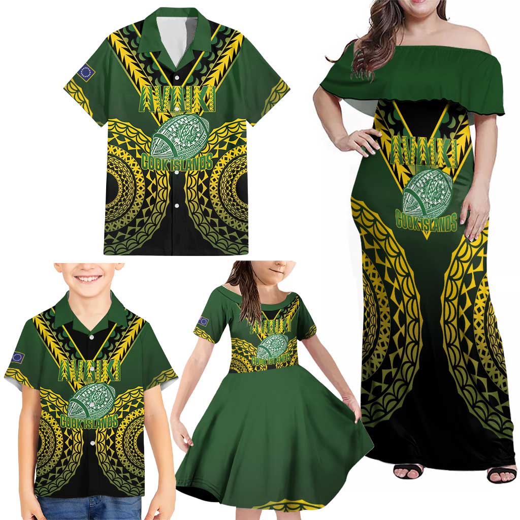 Custom Avaiki Cook Islands Rugby Family Matching Off Shoulder Maxi Dress and Hawaiian Shirt Kuki Airani Tatau Black - Aussie Hoodie