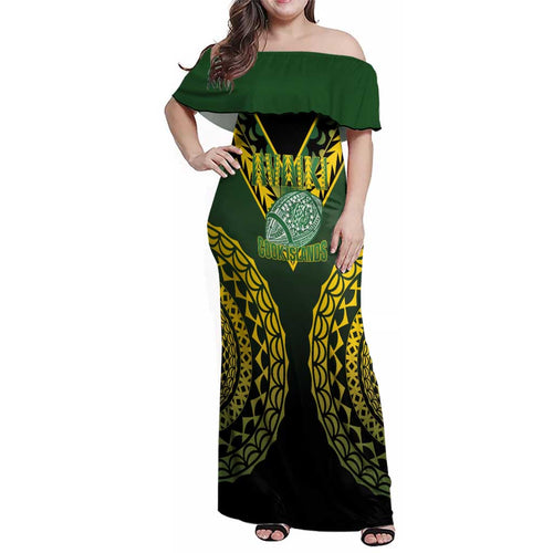 Custom Avaiki Cook Islands Rugby Family Matching Off Shoulder Maxi Dress and Hawaiian Shirt Kuki Airani Tatau Black - Aussie Hoodie
