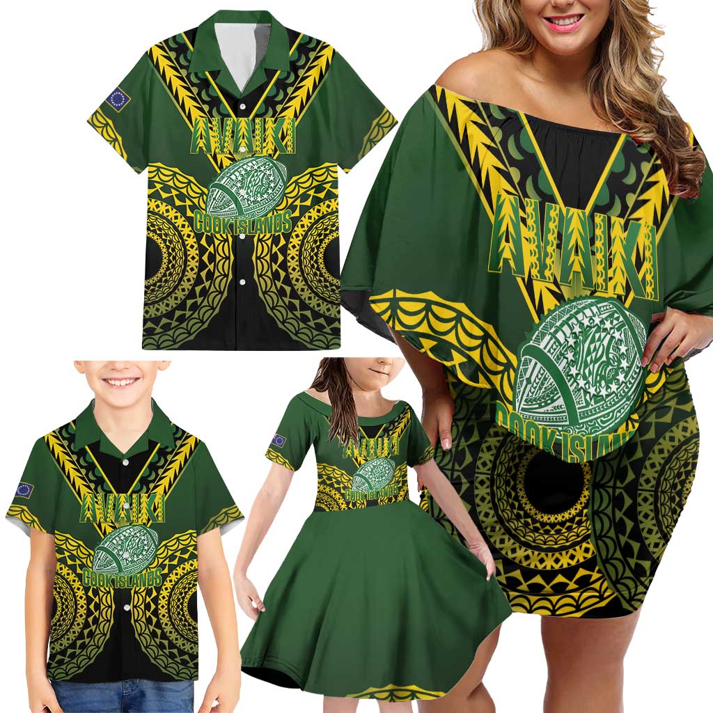 Custom Avaiki Cook Islands Rugby Family Matching Off Shoulder Short Dress and Hawaiian Shirt Kuki Airani Tatau Black - Aussie Hoodie
