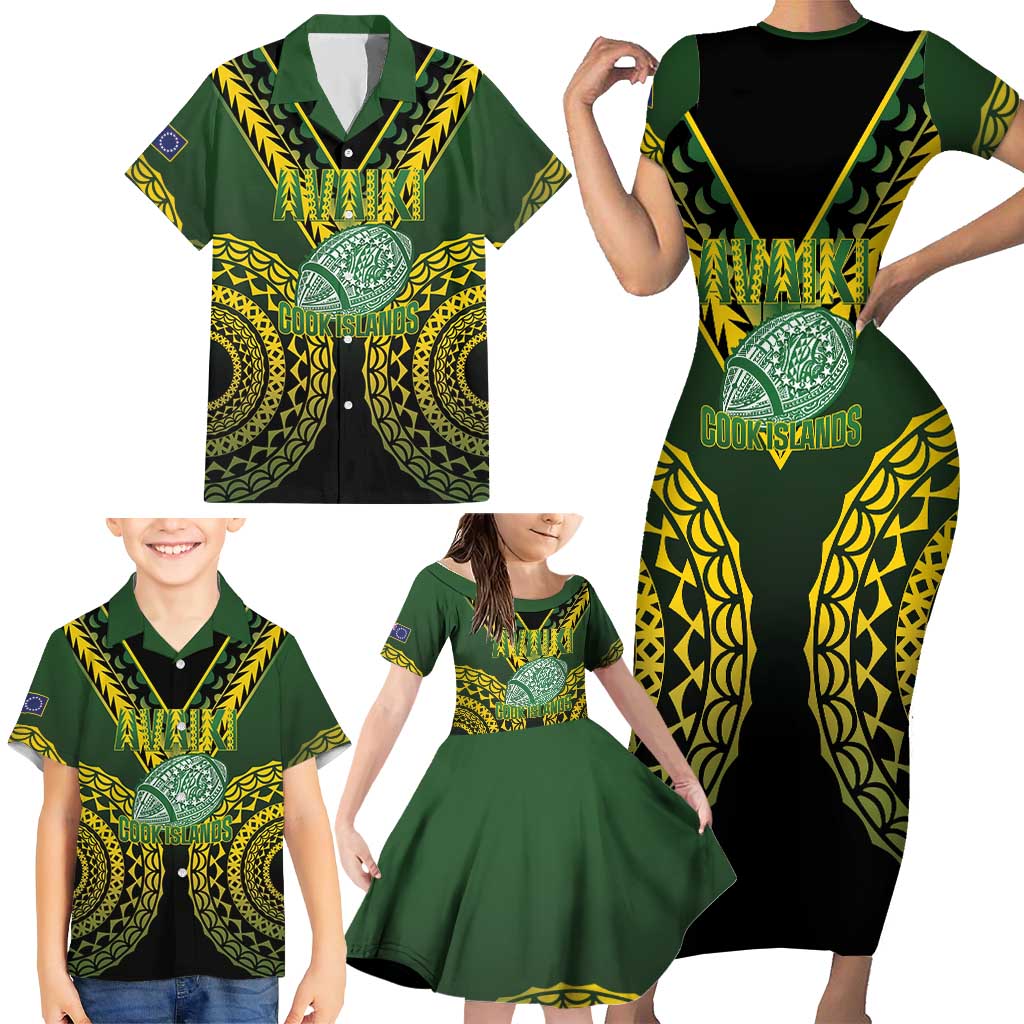 Custom Avaiki Cook Islands Rugby Family Matching Short Sleeve Bodycon Dress and Hawaiian Shirt Kuki Airani Tatau Black - Aussie Hoodie