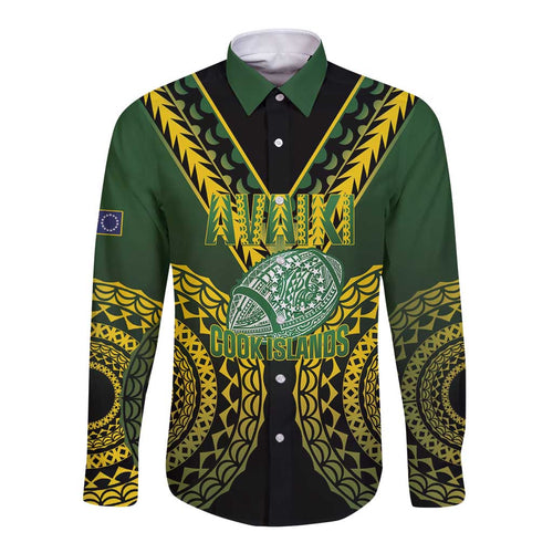 Custom Avaiki Cook Islands Rugby Long Sleeve Button Shirt Kuki Airani Tatau Black - Aussie Hoodie