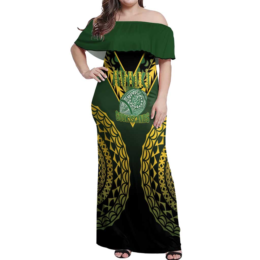 Custom Avaiki Cook Islands Rugby Off Shoulder Maxi Dress Kuki Airani Tatau Black - Aussie Hoodie