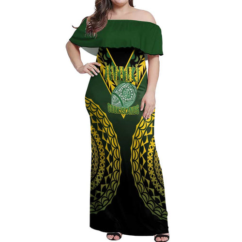Custom Avaiki Cook Islands Rugby Off Shoulder Maxi Dress Kuki Airani Tatau Black - Aussie Hoodie