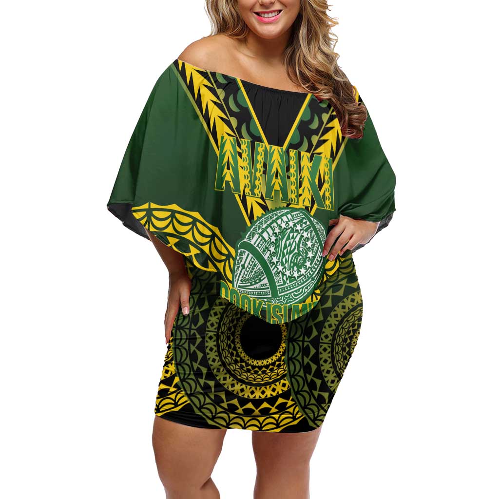 Custom Avaiki Cook Islands Rugby Off Shoulder Short Dress Kuki Airani Tatau Black - Aussie Hoodie
