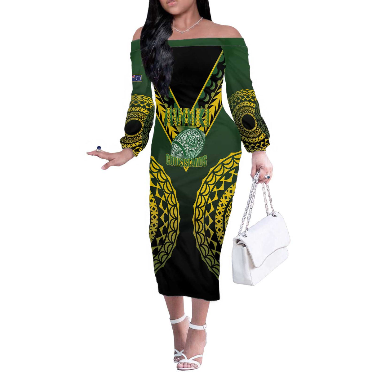 Custom Avaiki Cook Islands Rugby Off The Shoulder Long Sleeve Dress Kuki Airani Tatau Black - Aussie Hoodie