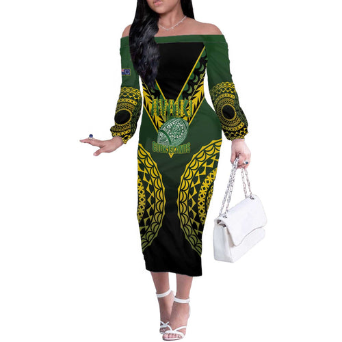 Custom Avaiki Cook Islands Rugby Off The Shoulder Long Sleeve Dress Kuki Airani Tatau Black - Aussie Hoodie