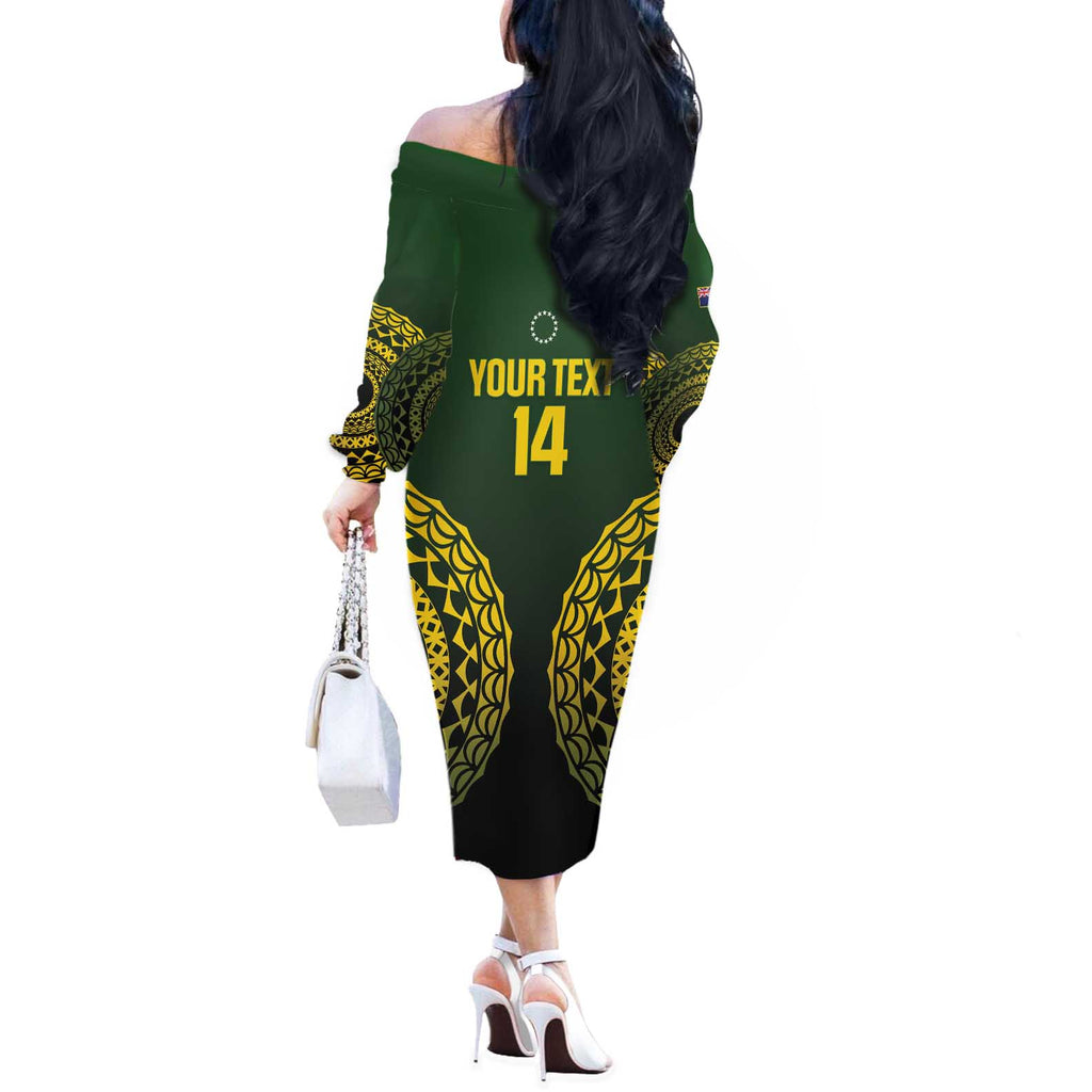 Custom Avaiki Cook Islands Rugby Off The Shoulder Long Sleeve Dress Kuki Airani Tatau Black - Aussie Hoodie