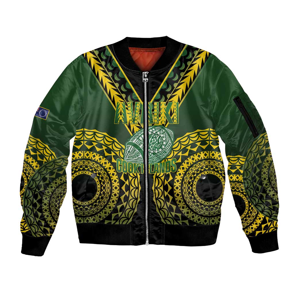 Custom Avaiki Cook Islands Rugby Sleeve Zip Bomber Jacket Kuki Airani Tatau Black - Aussie Hoodie