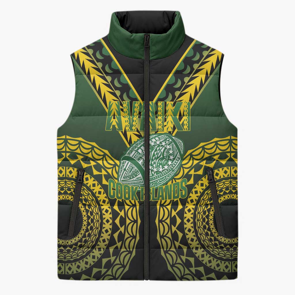 Custom Avaiki Cook Islands Rugby Sleeveless Puffer Jacket Kuki Airani Tatau Black - Aussie Hoodie