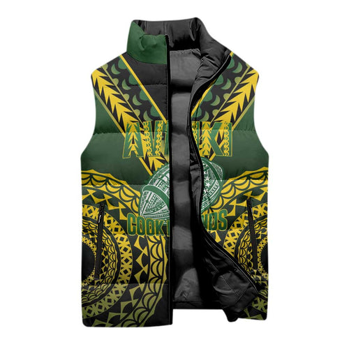 Custom Avaiki Cook Islands Rugby Sleeveless Puffer Jacket Kuki Airani Tatau Black - Aussie Hoodie