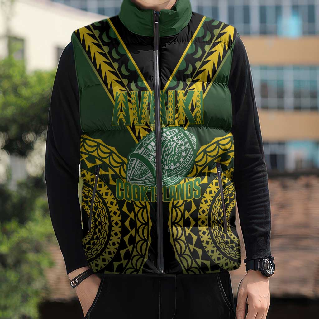 Custom Avaiki Cook Islands Rugby Sleeveless Puffer Jacket Kuki Airani Tatau Black - Aussie Hoodie
