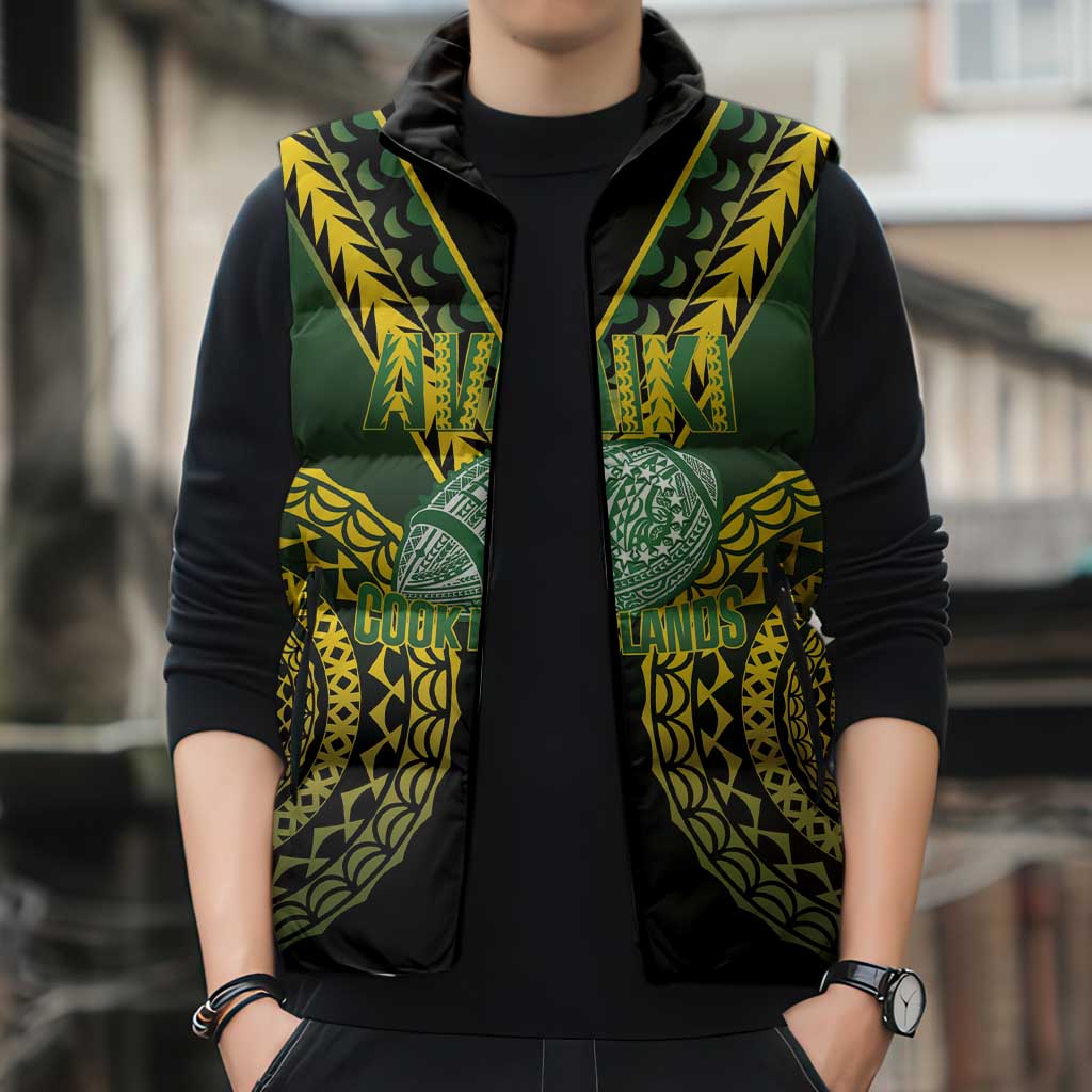 Custom Avaiki Cook Islands Rugby Sleeveless Puffer Jacket Kuki Airani Tatau Black - Aussie Hoodie