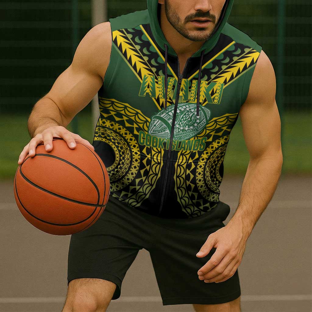 Custom Avaiki Cook Islands Rugby Sleeveless Zip Hoodie Kuki Airani Tatau Black - Aussie Hoodie