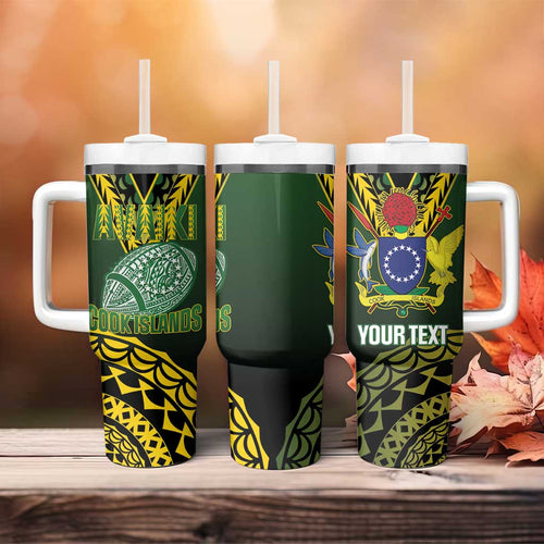 Custom Avaiki Cook Islands Rugby Tumbler With Handle Kuki Airani Tatau Black - Aussie Hoodie