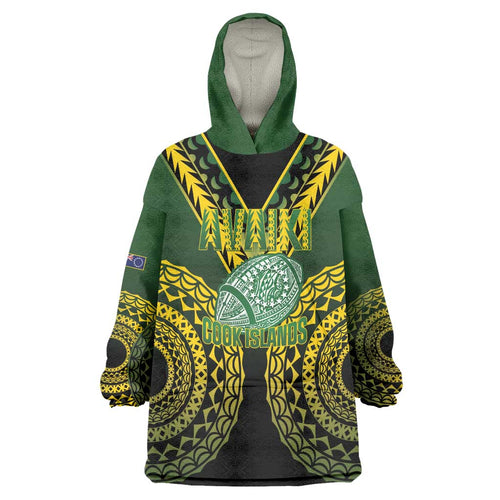 Custom Avaiki Cook Islands Rugby Wearable Blanket Hoodie Kuki Airani Tatau Black - Aussie Hoodie