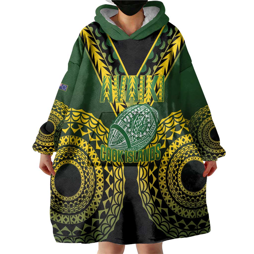 Custom Avaiki Cook Islands Rugby Wearable Blanket Hoodie Kuki Airani Tatau Black - Aussie Hoodie