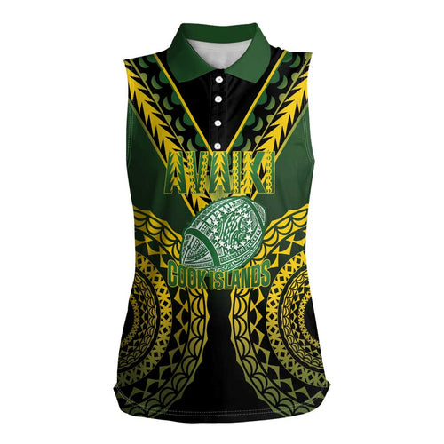 Custom Avaiki Cook Islands Rugby Women Sleeveless Polo Shirt Kuki Airani Tatau Black - Aussie Hoodie