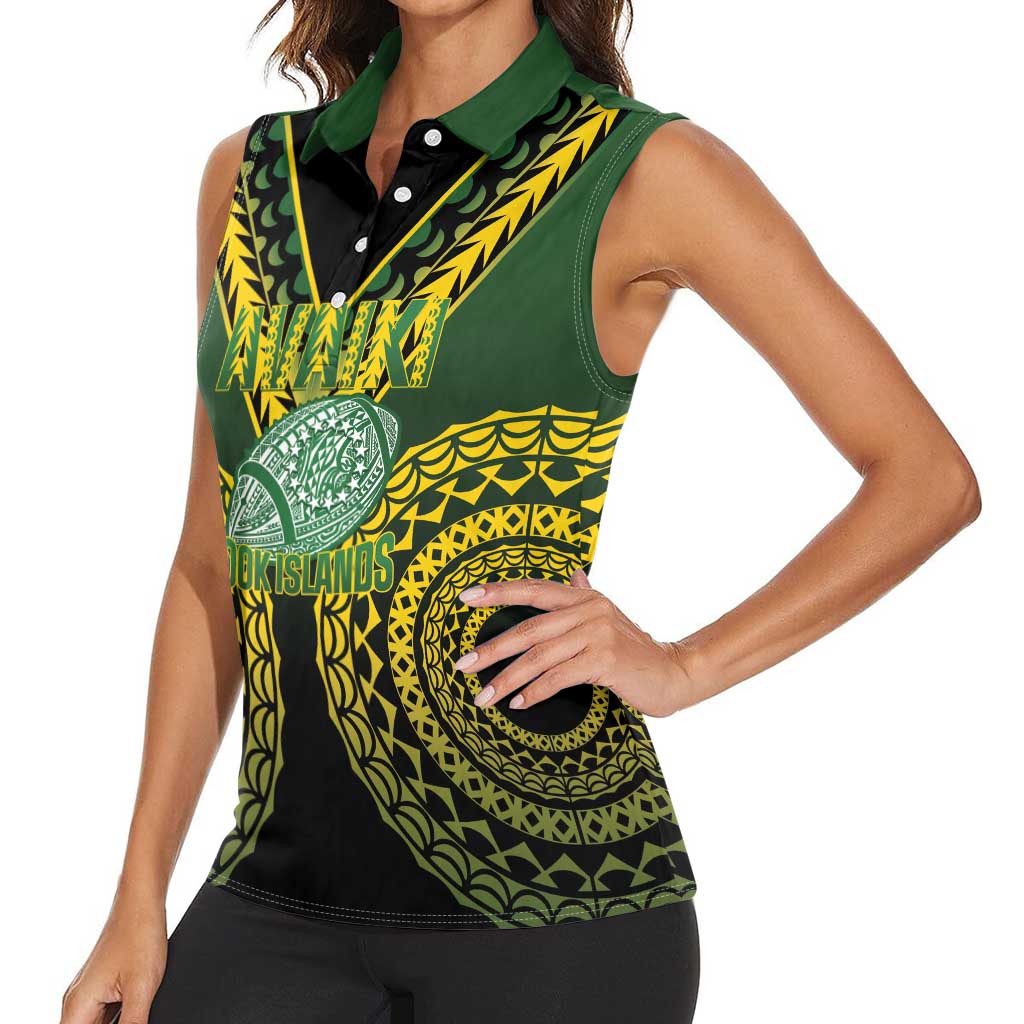 Custom Avaiki Cook Islands Rugby Women Sleeveless Polo Shirt Kuki Airani Tatau Black - Aussie Hoodie