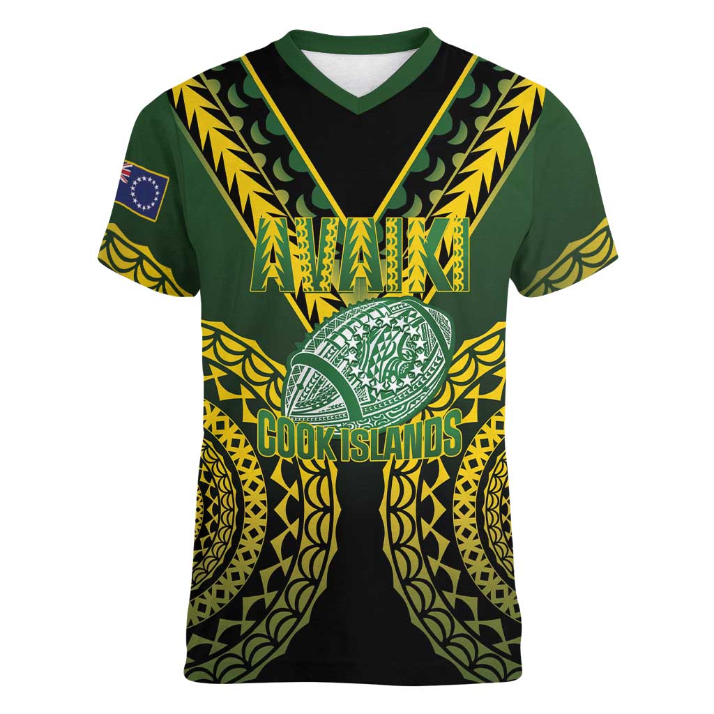 Custom Avaiki Cook Islands Rugby Women V-Neck T-Shirt Kuki Airani Tatau Black - Aussie Hoodie
