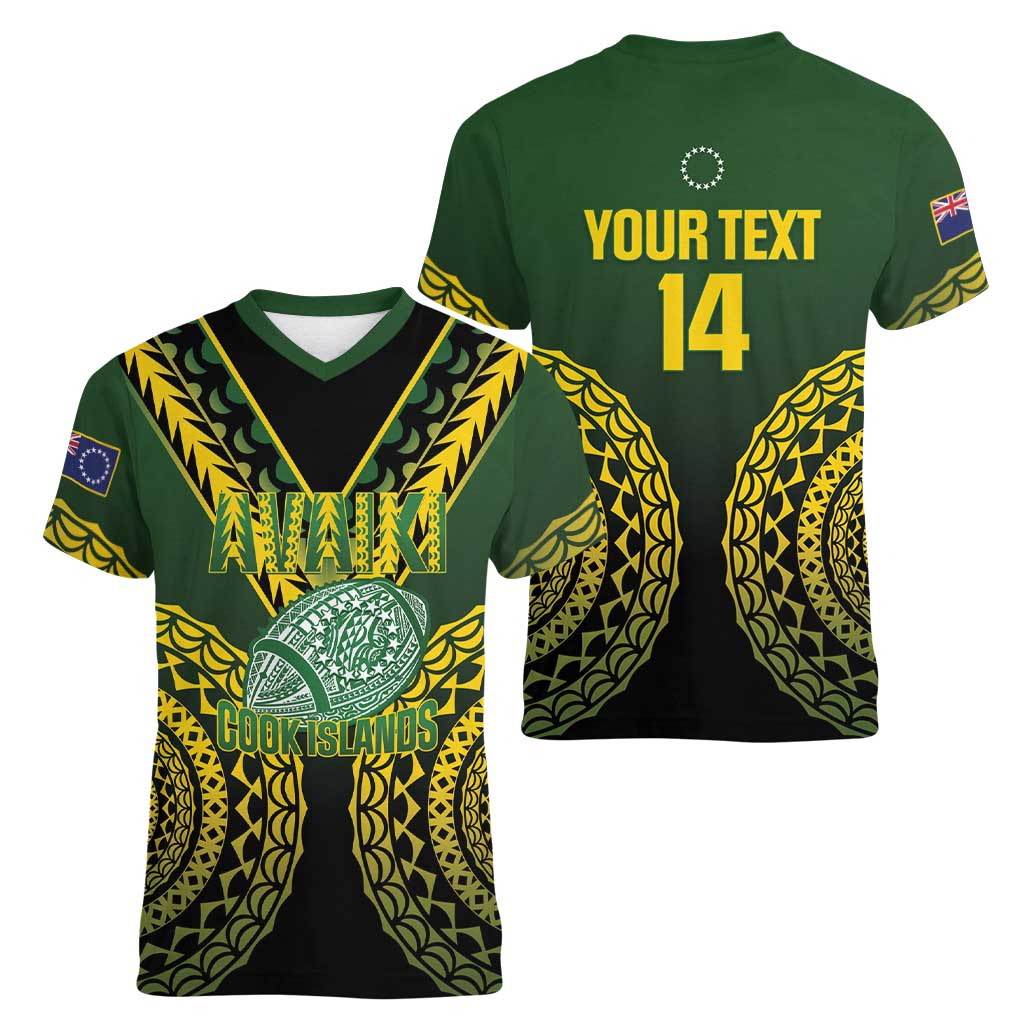 Custom Avaiki Cook Islands Rugby Women V-Neck T-Shirt Kuki Airani Tatau Black - Aussie Hoodie