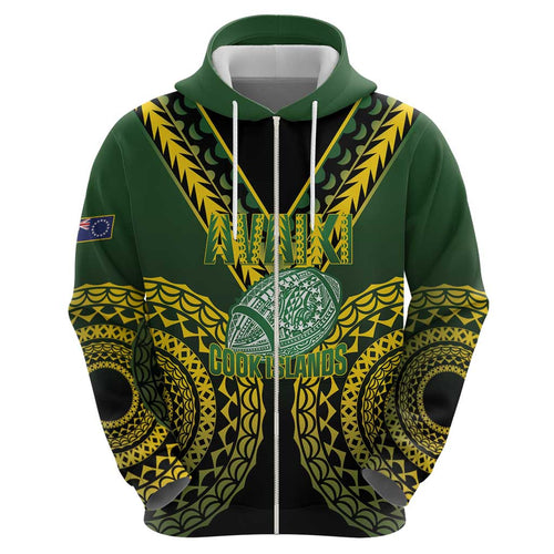 Custom Avaiki Cook Islands Rugby Zip Hoodie Kuki Airani Tatau Black - Aussie Hoodie